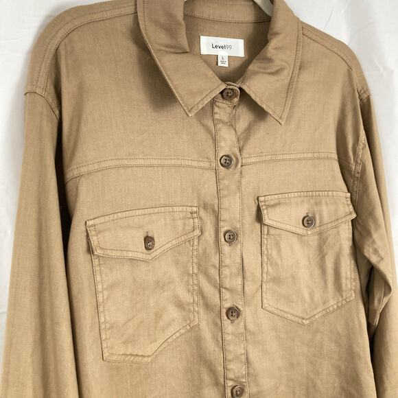 Level99 Evereve Womens L Tan Crop Linen Blend Utility Shacket Chore Fall Ranch - Picture 3 of 11